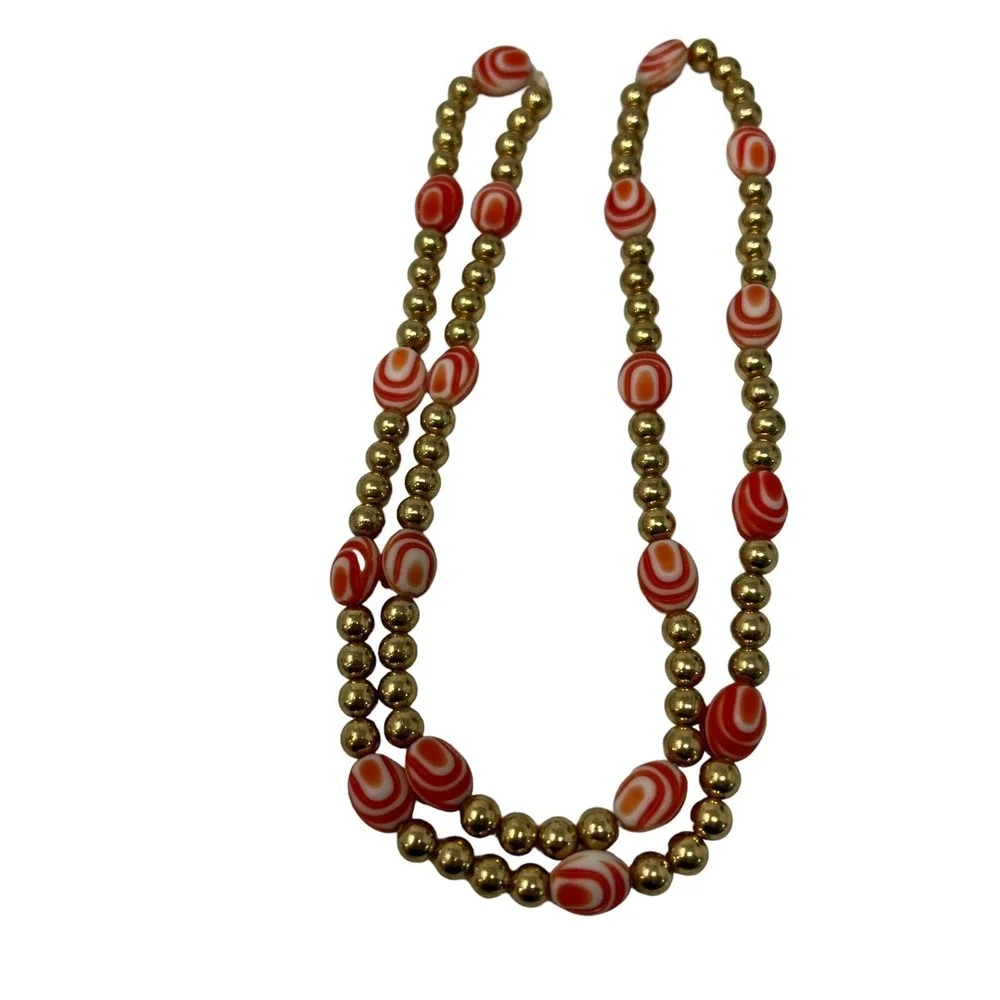 Vintage Handmade Necklace Orange‎ Swirl and Gold Tone Beads